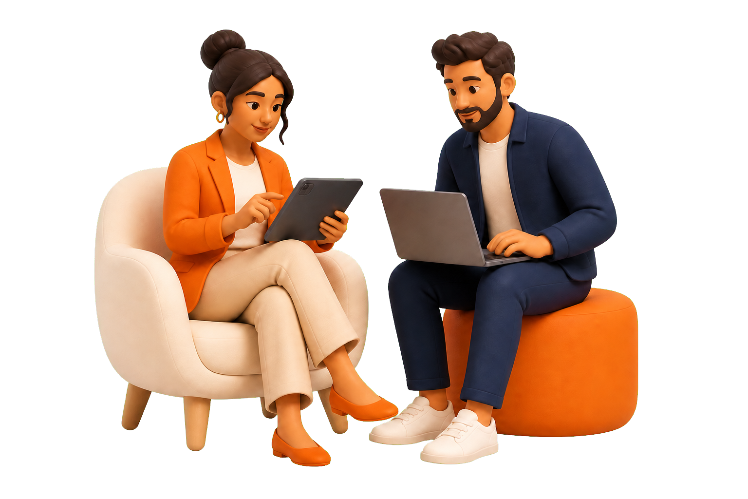 Two marketing professionals collaborating with a tablet and laptop