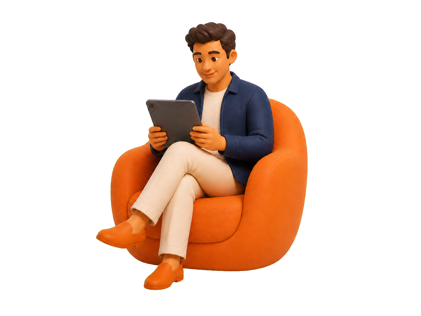 Marketing professional working from an orange lounge chair